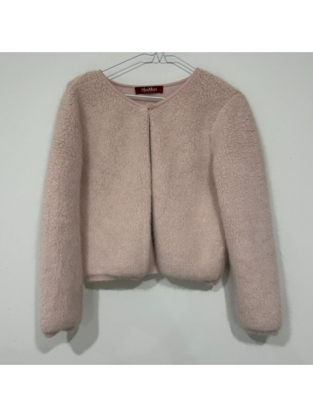 Vintage Max Mara Studio Womens Angora Blend Fuzzy One Button Cardigan M Pink